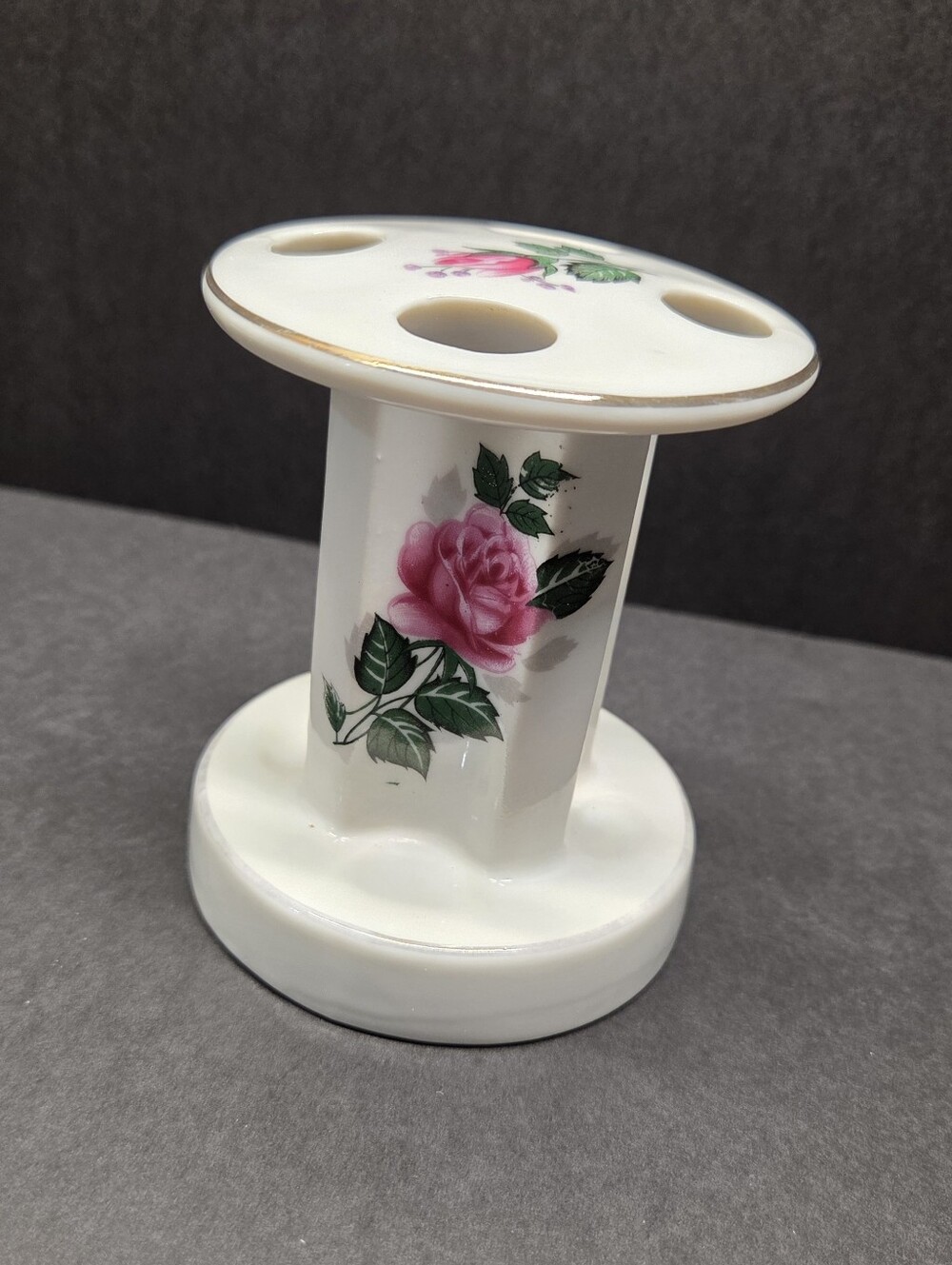 Vintage Porcelain Toothbrush Holder Floral Rose Cottagecore Bathroom Decor